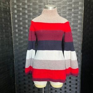 Ann Taylor Womens XS Striped Turtleneck‎ Bell Sleeve Sweater Tunic Cozy